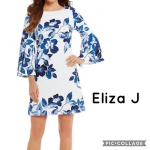 Eliza J blue and white floral flare sleeve dress